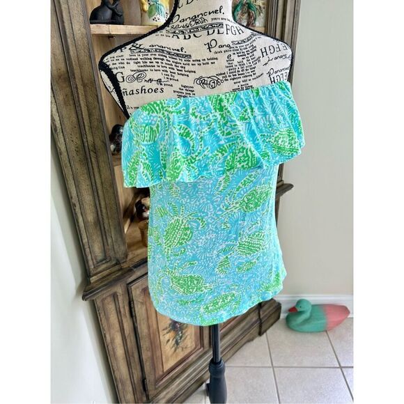 Lilly Pulitzer Tops - Lilly Pulitzer Strapless Tee Shirt XS 32 Bust Blue Green Coconut Girl Knit Top